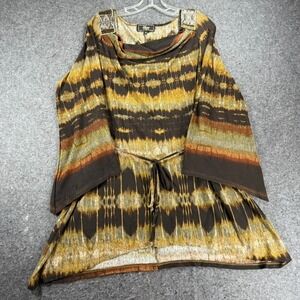 New Status by Chenault XL Bronze Tie Dye Tunic Top Beaded Shoulder Cowl Neck